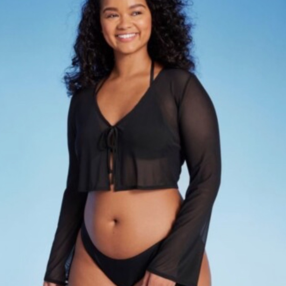 Wild Fable Tie-Front Cropped Mesh Cover Up Cardigan